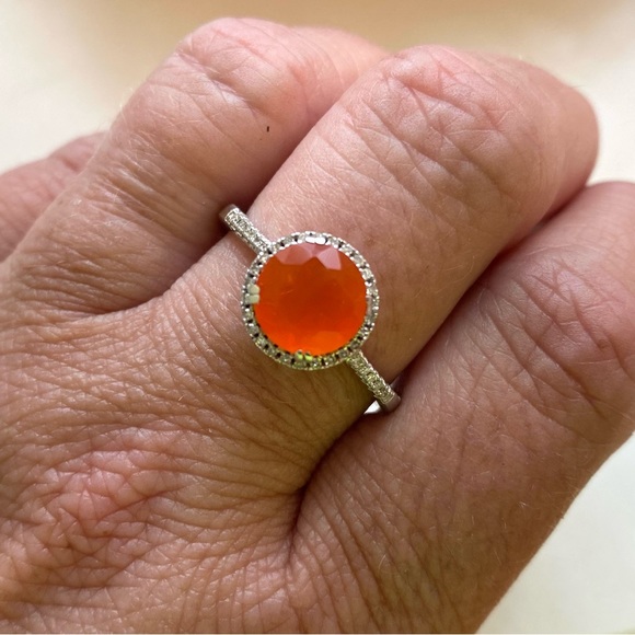 Fire Opal Diamond Halo Ring, 14k White Gold, Sz 9, Exc. Cond. - Picture 4 of 8